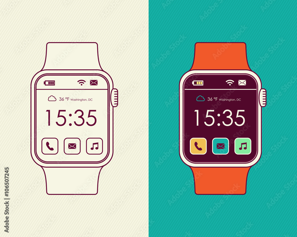 Smart watch designs in outline style with app icon Smart watch designs in outline style with app icon