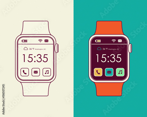 Smart watch designs in outline style with app icon
