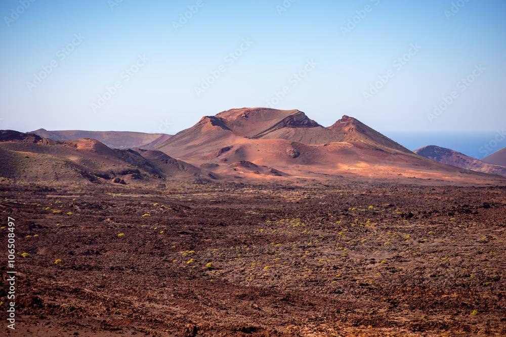Volcanic landscape in Tmanfaya national park on Lanzarote island in Spain