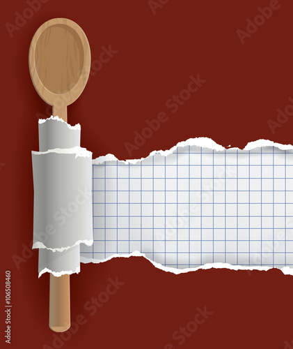 Confectionery recipe background.
Ripped brown  paper with bottom layer for your image or text, with wooden spoon. Vector available.
