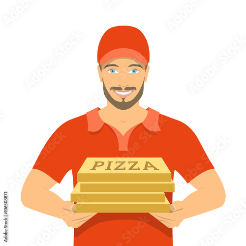 Smiling young attractive African American man courier holding a parcel in a cardboard box. Flat vector illustration. Express delivery concept. Delivery boy in a blue uniform. Front view on white