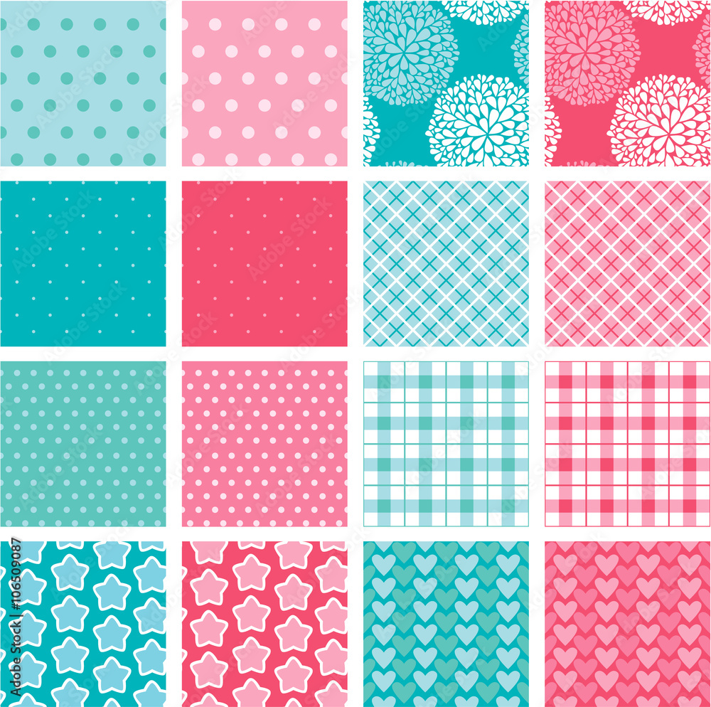 Set of fabric textures in pink and blue colors - seamless patter Set of fabric textures in pink and blue colors - seamless patter