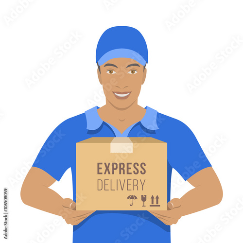Smiling young attractive African American man courier holding a parcel in a cardboard box. Flat vector illustration. Express delivery concept. Delivery boy in a blue uniform. Front view on white