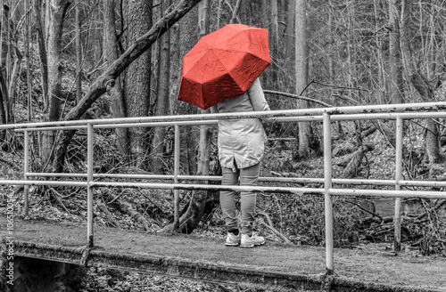 Fototapeta Naklejka Na Ścianę i Meble -  Roter Regenschirm Frau auf Brücke