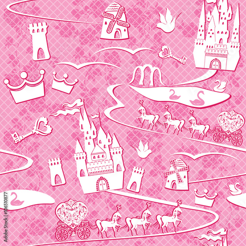 seamless pattern with fairytale land - castles, lakes, roads, mi photo