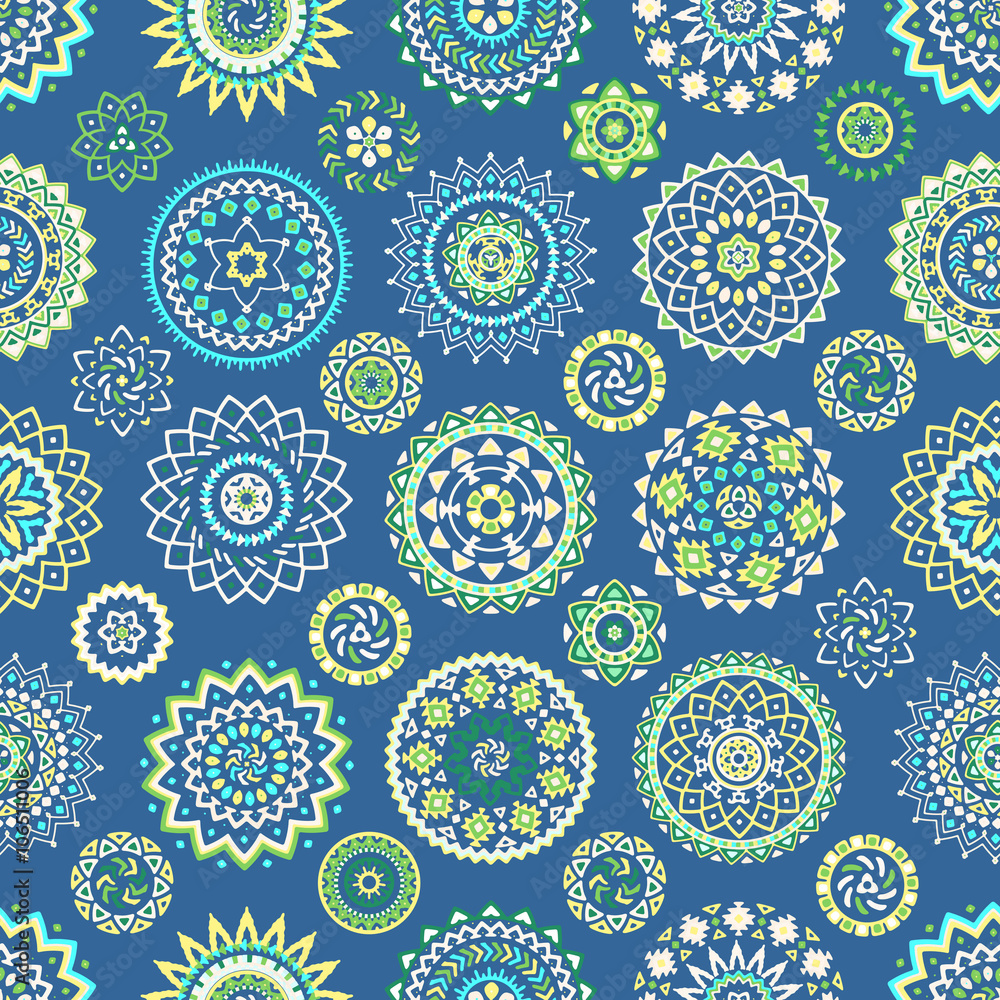Seamless pattern of bright colorful geometric round ethnic decorative elements. Vector mandala background with bohemian, Oriental, Indian, Arabic, Aztec motifs. Seamless pattern of bright colorful geometric round ethnic decorative elements. Vector mandala background with bohemian, Oriental, Indian, Arabic, Aztec motifs.