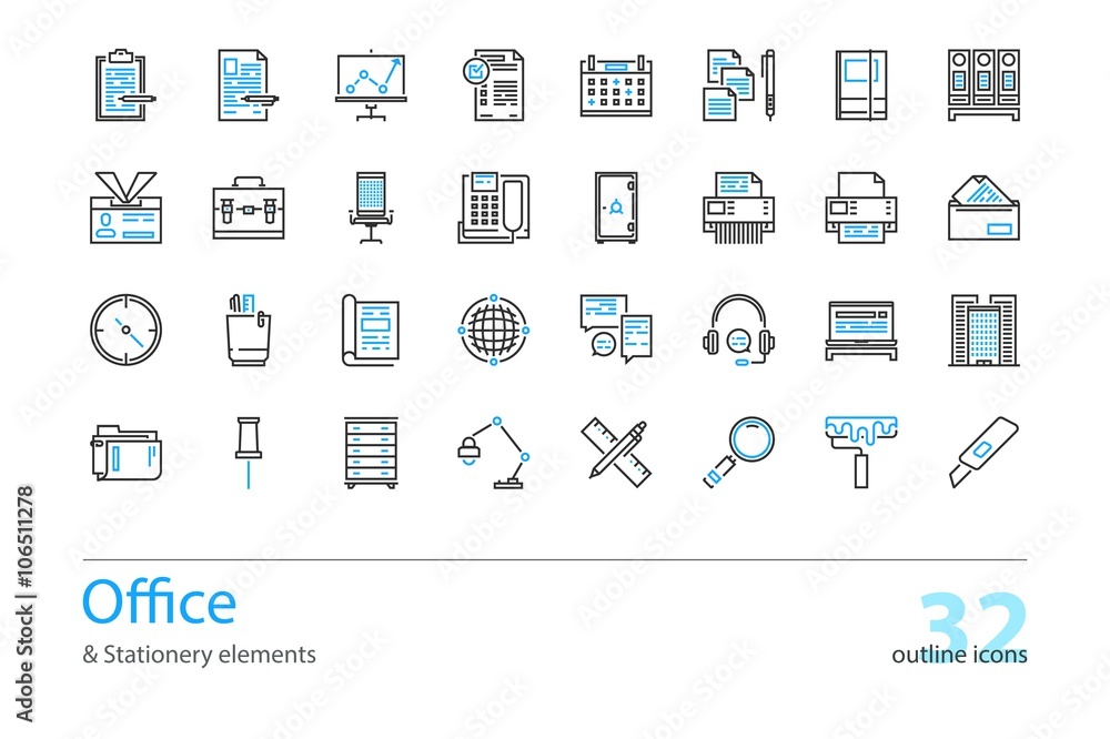 Set of outline Office and Stationery elements icons. 