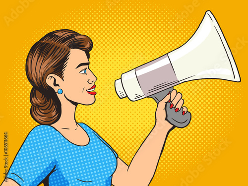Woman with megaphone pop art style vector