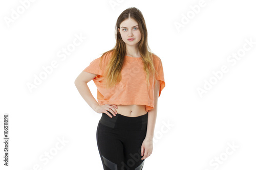Beautiful blond fashion woman model in orange blouse