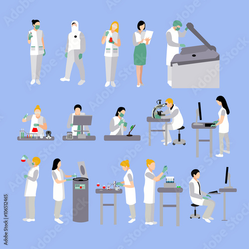 Vector set of people in medical laboratory. Doctors and scientist working, lab vector illustration. 