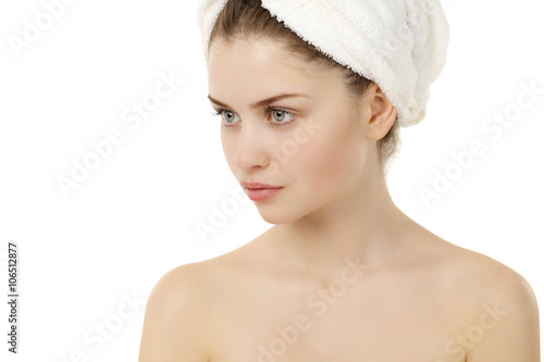 Portrait of Fresh and Beautiful brunette woman wearing white tow