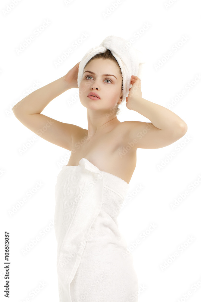 Portrait of Fresh and Beautiful brunette woman wearing white tow Portrait of Fresh and Beautiful brunette woman wearing white tow