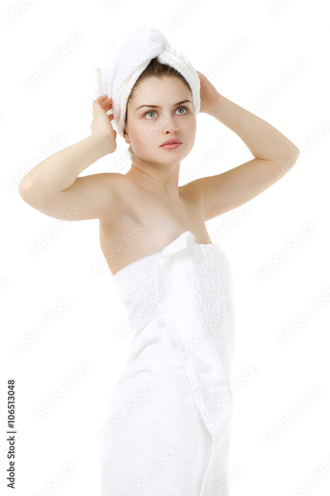 Portrait of Fresh and Beautiful brunette woman wearing white tow Portrait of Fresh and Beautiful brunette woman wearing white tow