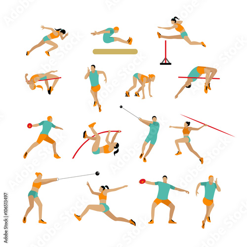 Vector set of people in sport poses. Track and field athletic contest concept. Sportsman flat icons isolated on white background