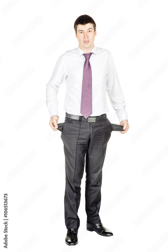 portrait of young business man showing his empty pocket portrait of young business man showing his empty pocket