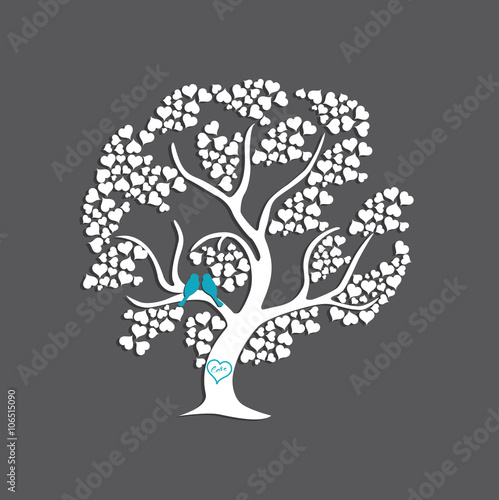 Birds couple in love on tree with heart shaped leaves. vector graphic background for wedding card invitation brochure