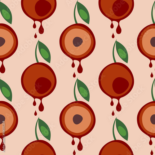 Seamless vector pattern with fruits. Symmetrical background with cherries and leaves on the pink backdrop. Series of Fruits and Vegetables Seamless Patterns.