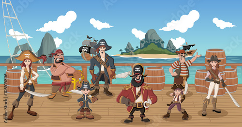 Group of cartoon pirates on a decks of a ship 