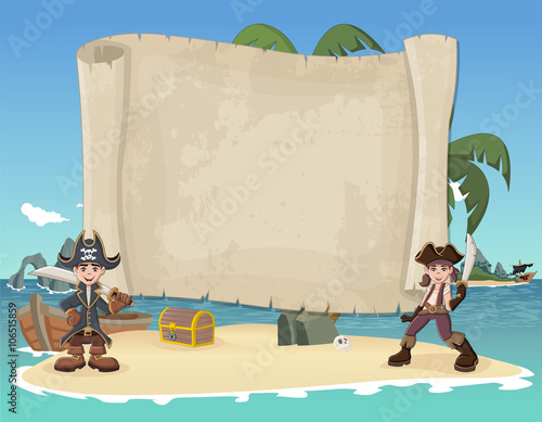 Big pirate map and cartoon pirate children on a beautiful tropical beach 
