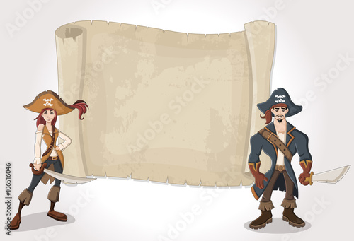 Big pirate map and cartoon pirates