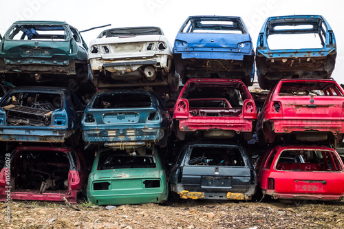 Car bodies stacked up at the junkyard