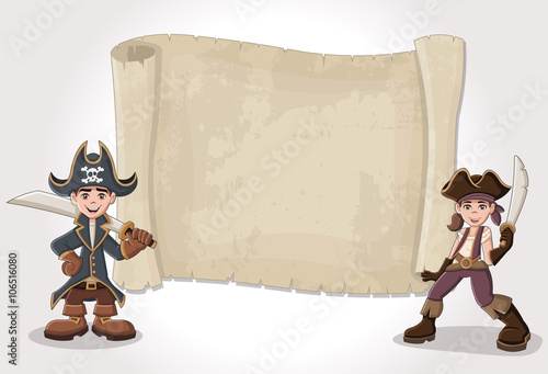 Big pirate map and cartoon pirate children