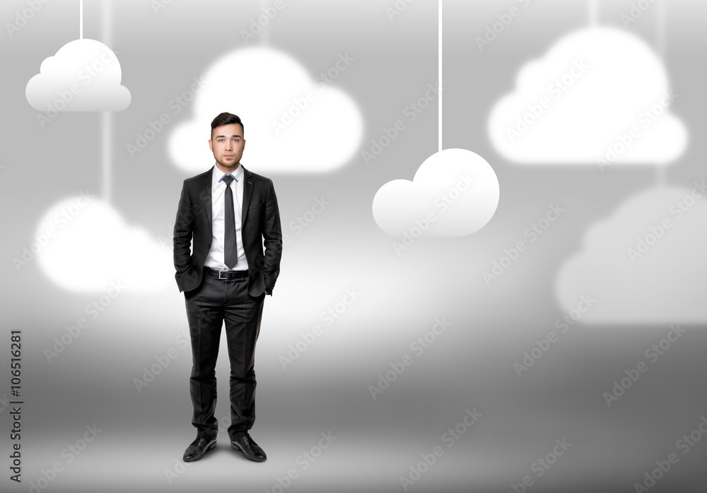 Man standing on blurred background with clouds Man standing on blurred background with clouds
