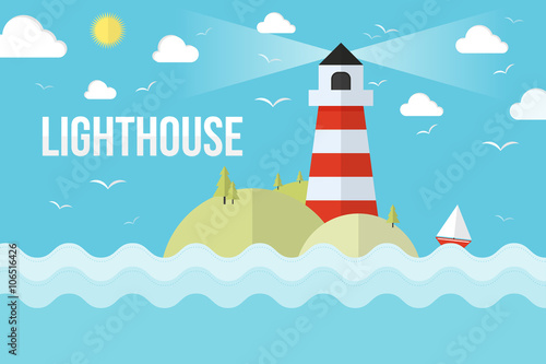 The lighthouse on island with trees and clouds.