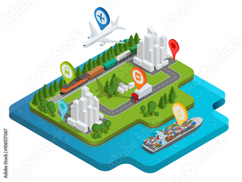 Global logistics network Flat 3d isometric vector illustration Air cargo trucking rail transportation maritime shipping On-time delivery Vehicles designed to carry large numbers cargo
