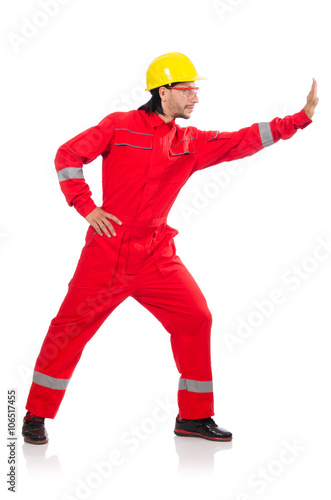 Man wearing red coveralls isolated on white © Elnur