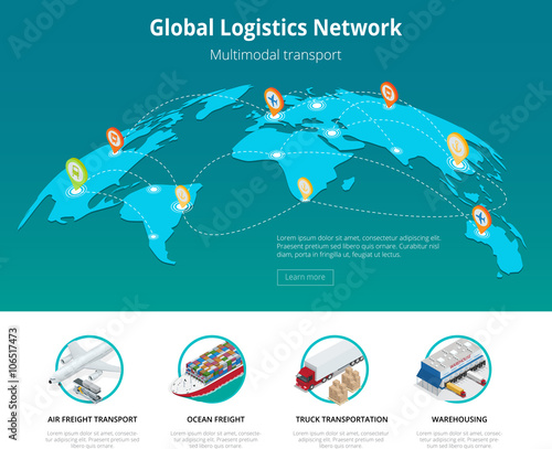 Global logistics network Web site concept Flat 3d isometric vector illustration Air cargo trucking rail transportation maritime shipping On-time delivery Vehicles designed to carry large numbers cargo