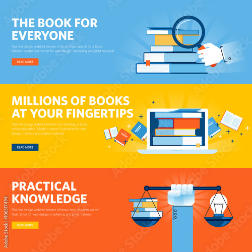Set of flat line design web banners for online book store, e-book, know how. Vector illustration concepts for web design, marketing, and graphic design.