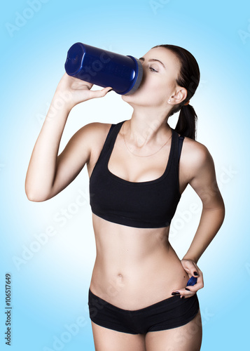 beautiful sports girl. White background. balance. proper nutrition 