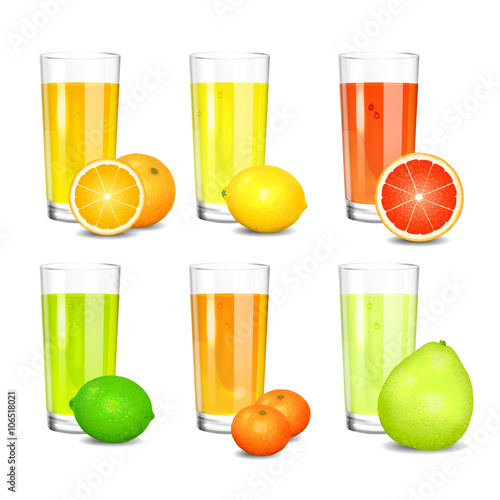 Set of fresh citrus juices. 