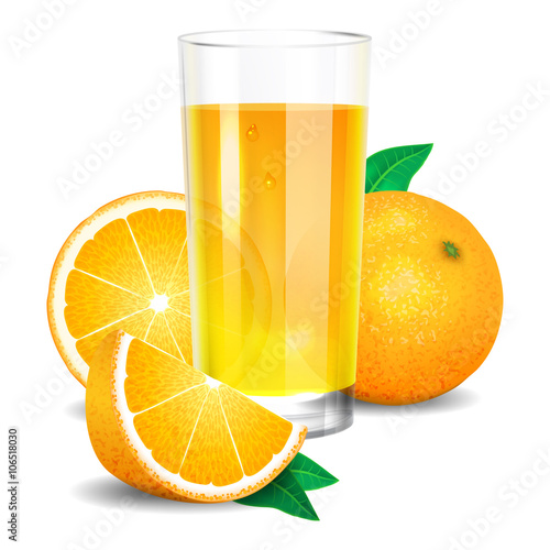 Fresh orange juice and pieces of orange, citrus juice