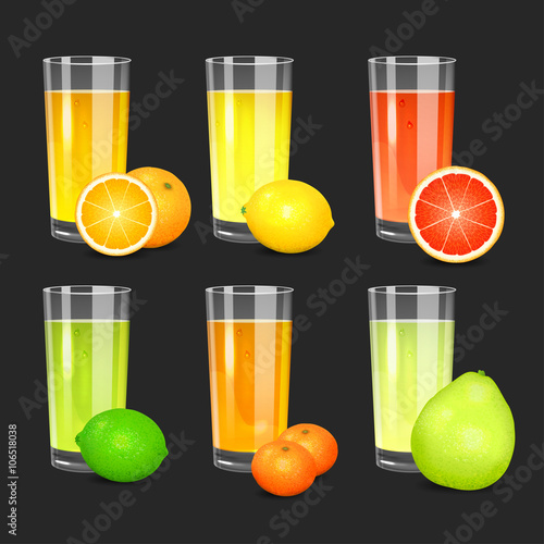 Set of fresh citrus juices. 