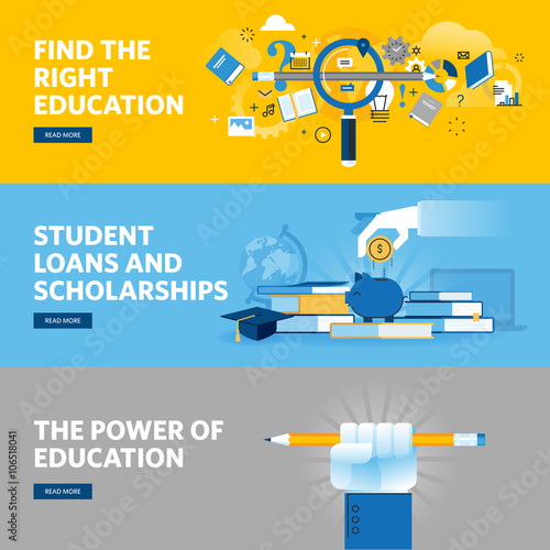 Set of flat line design web banners for education, student loans, scholarships, choice of education and profession. Vector illustration concepts for web design, marketing, and graphic design.