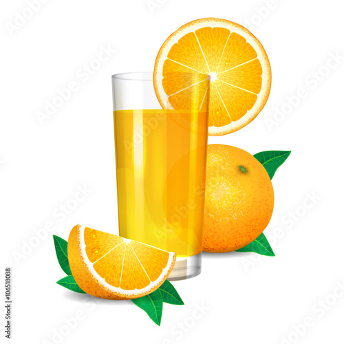 Fresh orange juice and pieces of orange, citrus juice