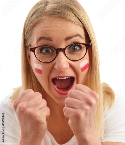 Obraz na płótnie Polish fan cheers football team in the national colors. w salonie