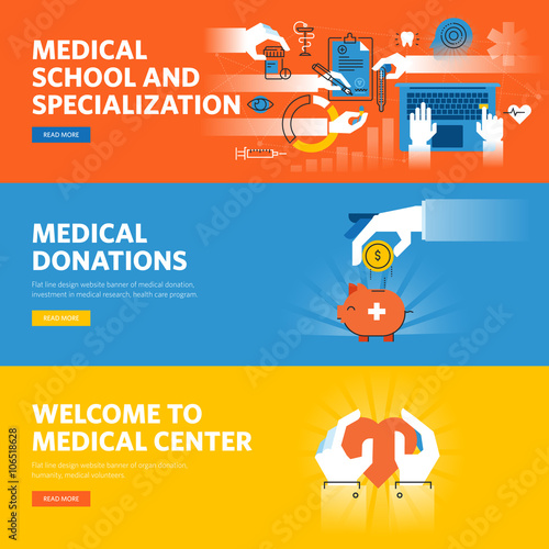 Set of flat line design web banners for online medical education, medical donations, medical center information and facilities. Vector illustration concepts for web and graphic design.
