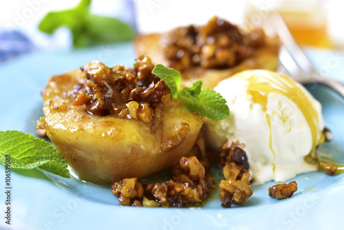 Grilled pear with caramelized walnuts and honey.