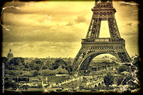 Panorama Eiffel Tower in Paris. Vintage view. Tour Eiffel old retro style. 