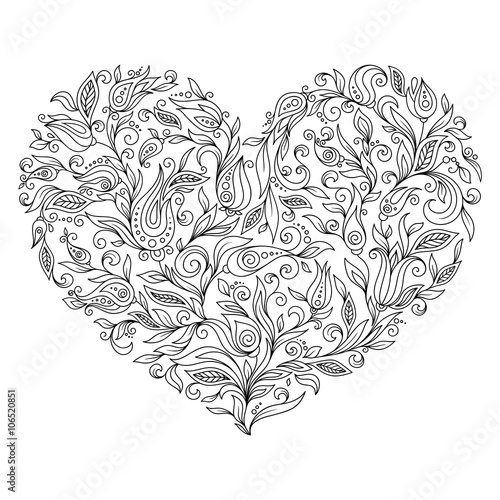 Coloring page flower heart St Valentine's day greeting card