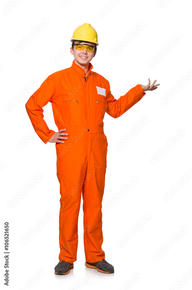 Man in orange coveralls isolated on white Man in orange coveralls isolated on white