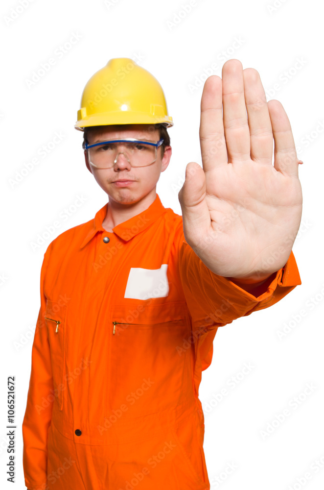 Man in orange coveralls isolated on white Man in orange coveralls isolated on white