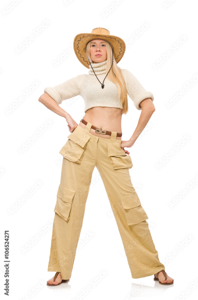 Pretty woman in beige trousers isolated on white Pretty woman in beige trousers isolated on white