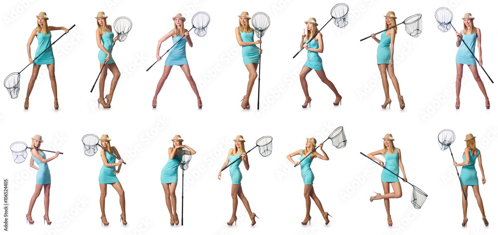 Woman with catching net isolated on white Woman with catching net isolated on white