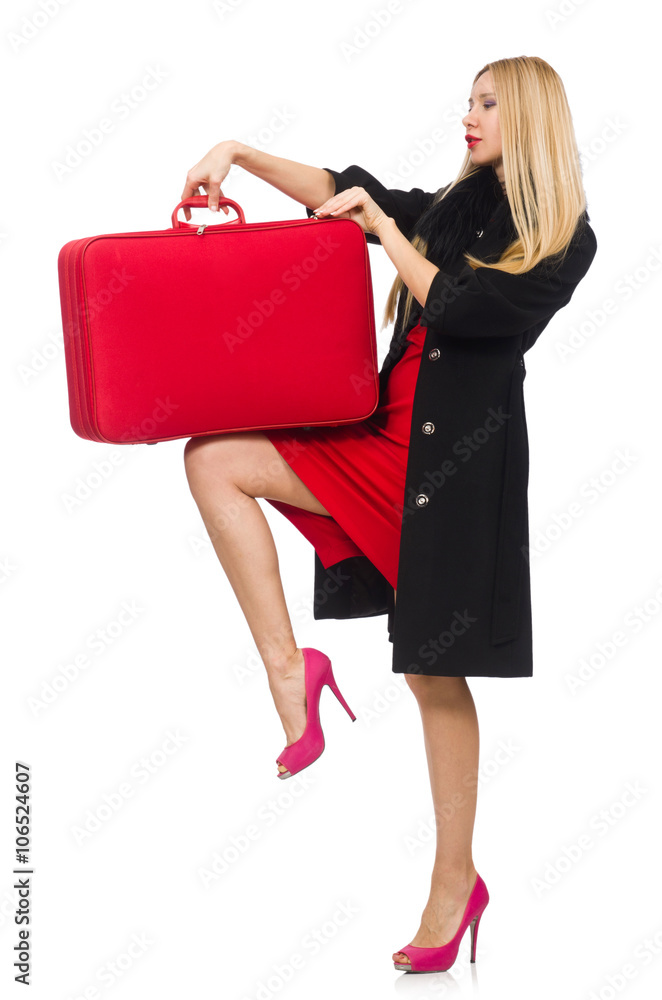 Pretty blond woman holding suitcase isolated on white Pretty blond woman holding suitcase isolated on white