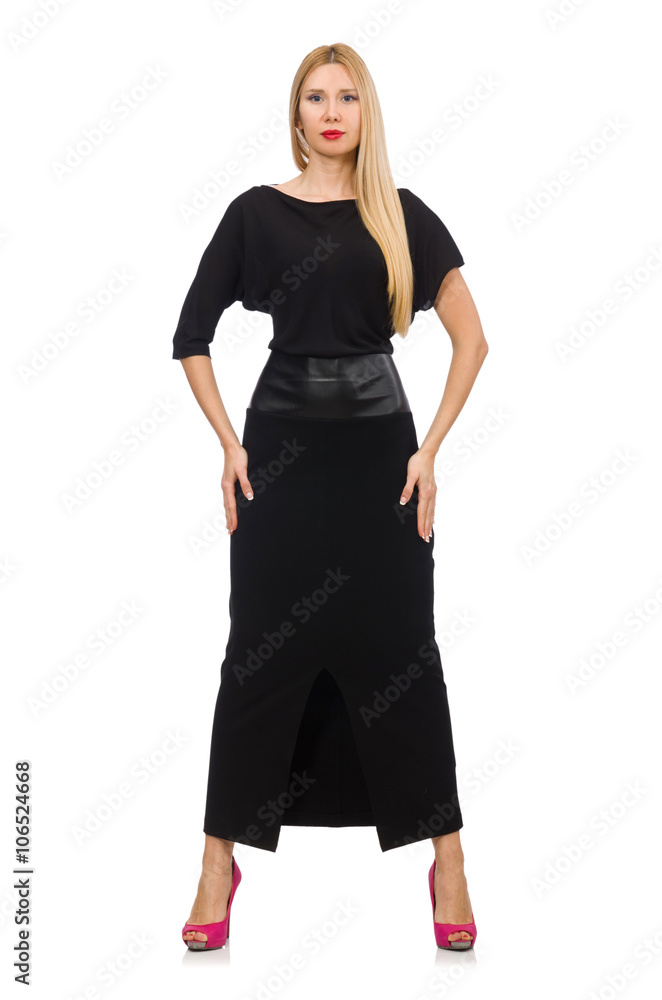 Fototapeta premium Woman in black evening dress isolated on white
