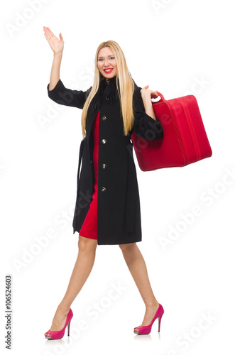 Pretty blond woman holding suitcase isolated on white © Elnur